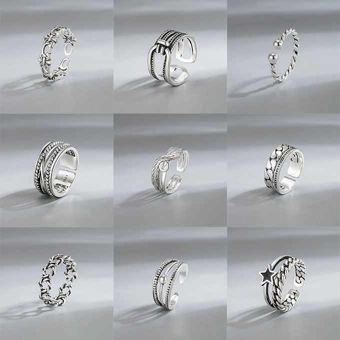 S925银简约复古皇冠戒指女个性新款开口可调节指环不掉色戒子饰品