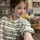 美式复古黑白条纹刺绣字母短袖T恤女夏季宽松纯棉圆领情侣上衣潮
