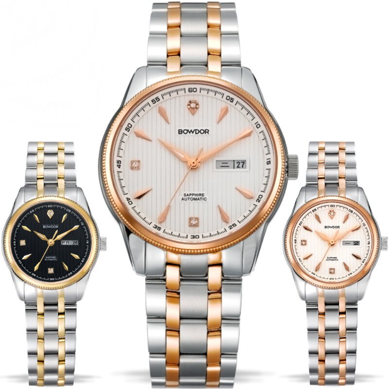 宝舵手表男士防水自动机械表双日历情侣表休闲女表精钢男表88015