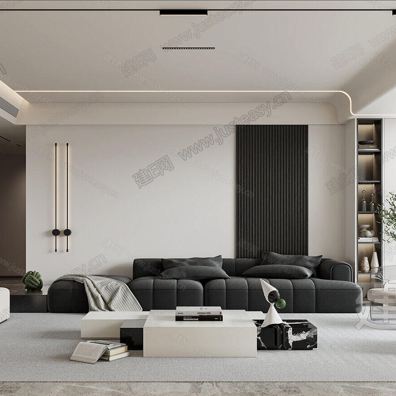 暗黑系超酷现代极简家居客厅沙发组合海景房休闲区炫酷黑沙发设计