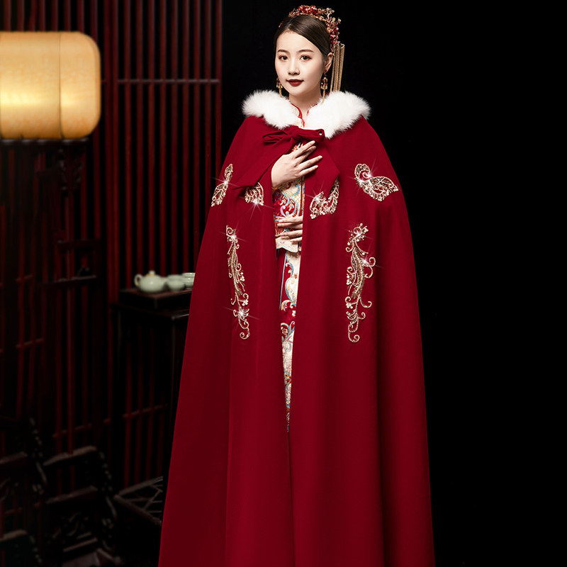 披风新娘结婚主婚纱披肩中式婚礼秀禾服披风外搭秋冬红色喜庆斗篷