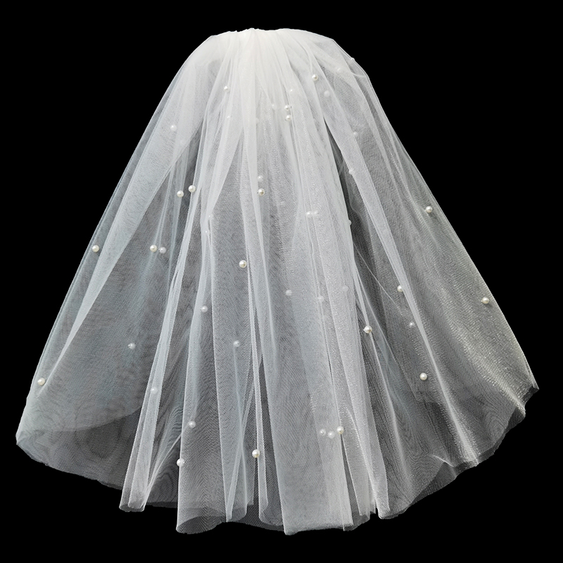 新娘结婚主婚纱头纱超仙森系领证登记白色短款珍珠头纱头饰女月下相恋