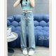 LALA2012牛仔裤女夏薄款窄版直筒裤浅蓝色柔软时尚显瘦垂感拖地裤