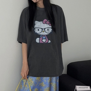 现韩国东大门代购女PEBBLE2024夏季百搭宽松卡通猫咪印花短袖T恤