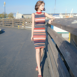 39女装2018夏季新款潮韩版文艺显瘦条纹长裙