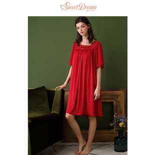 美梦睡裙女夏2020年新款薄款性感冰丝绸床上短裙大红色短袖连衣裙