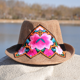 2018春夏新款民族风绣花帽子女中国风礼帽出游沙滩防晒草帽文艺范