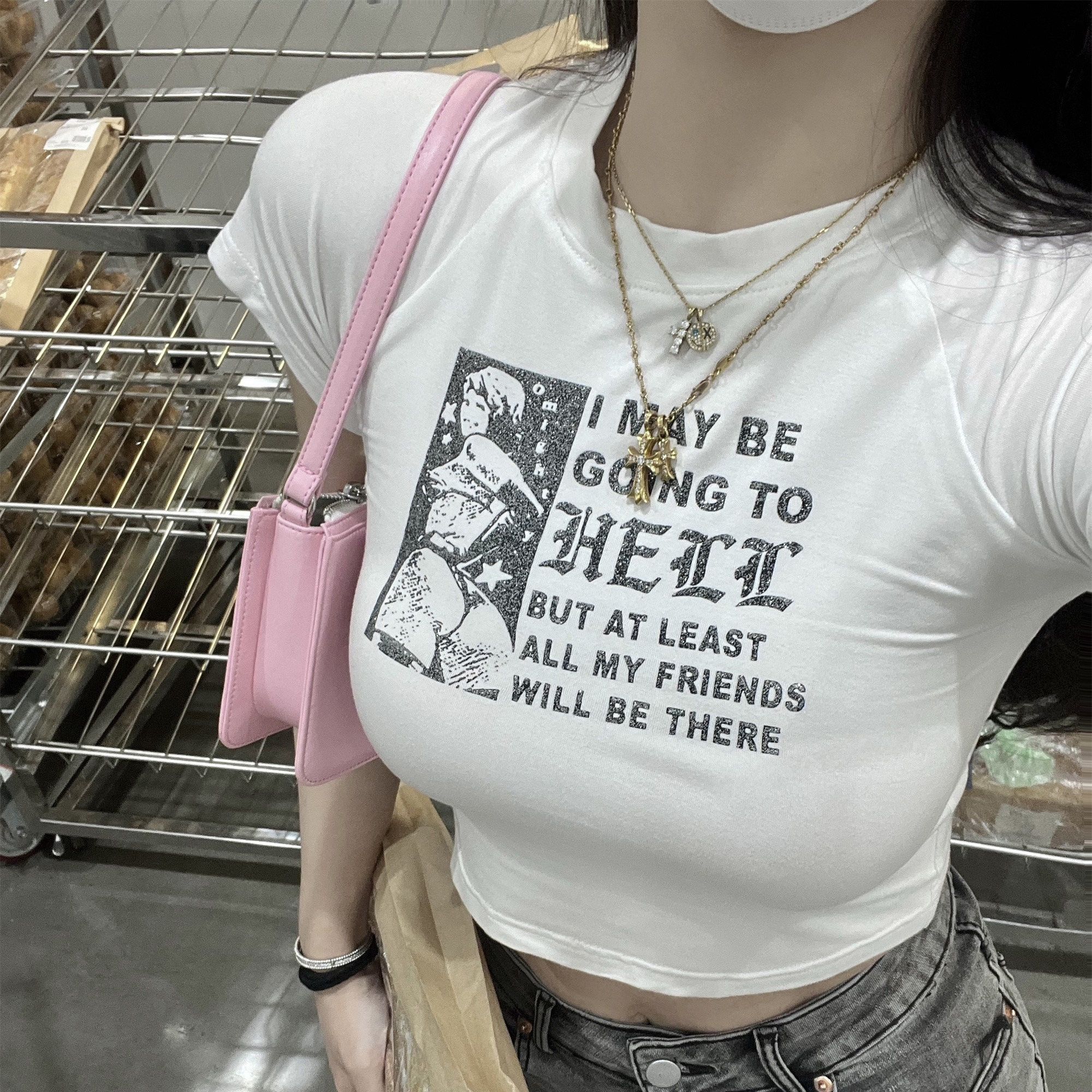 wuuus【y2k辣妹】夏日必入款 闪粉甜辣字母露脐t恤性感上衣显胸大