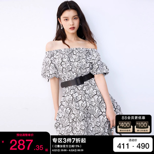 v区绫致Vero Moda连衣裙2024春夏少女心形印花一字领蓬蓬裙女