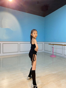 夏季拉丁舞女儿童练功服装少儿拉丁舞蹈裙黑色网纱单袖表演比赛服