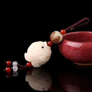 手工雕刻复古象牙果福鱼莲花三鲤锦鲤吊坠钥匙链挂件民族风