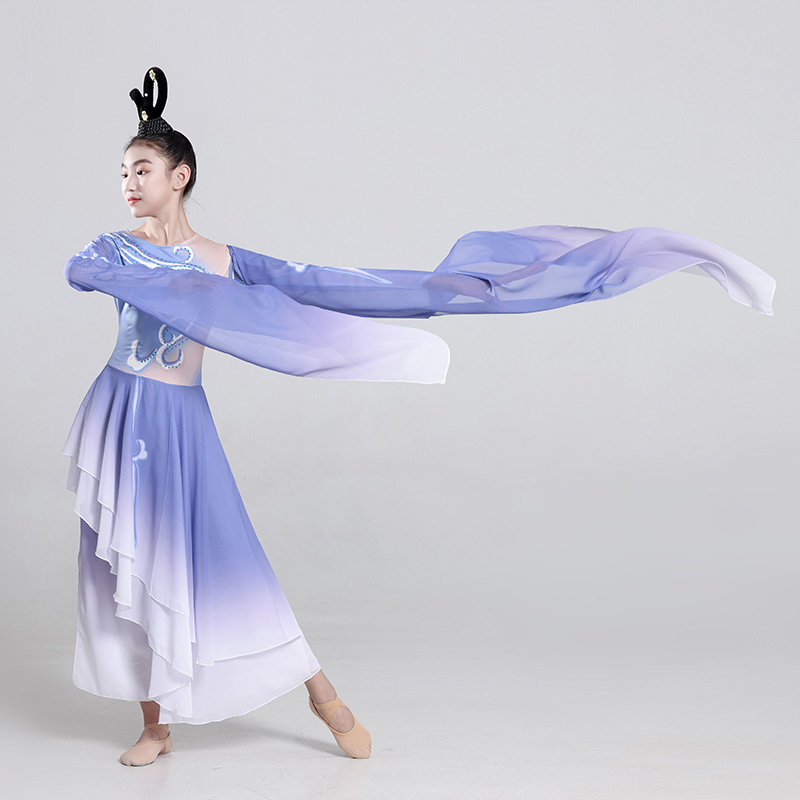 儿童古典舞演出服涟漪若水扇子舞蹈服女童中国舞飘逸双水袖表演服