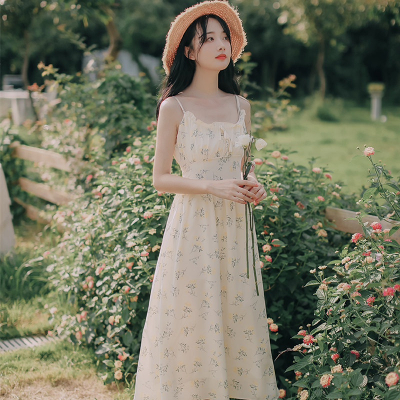 (今日3.4折)小清新甜美仙女超仙森系初恋裙法式碎花吊带连衣裙夏季新