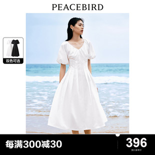 太平鸟女装法式优雅连衣裙夏新款V领茶歇裙时尚度假白色收腰长裙