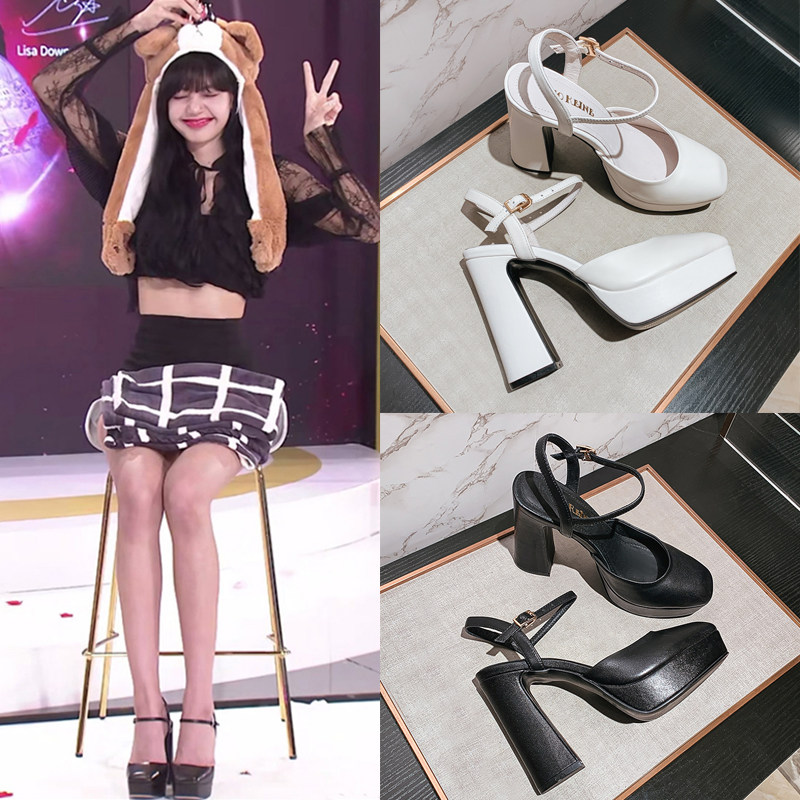 lisa同款欧洲站真皮方头高跟鞋一字扣单鞋女包头凉鞋防水台粗跟