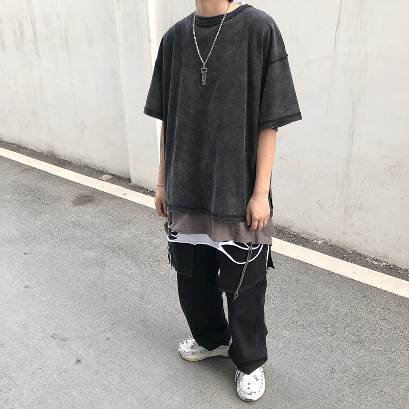 破洞半袖男_颓废风高街打底衫潮牌叠穿条纹下摆破洞内搭短袖t恤半袖男