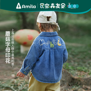 Amila男女童软牛仔衬衫长袖春装薄款儿童宝宝休闲印花潮衬衣外套