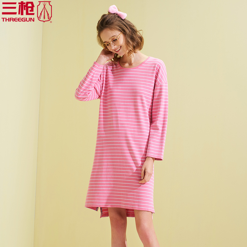 三枪睡衣女秋 家居长裙彩条弹力棉圆领长袖女睡裙起居青年70348