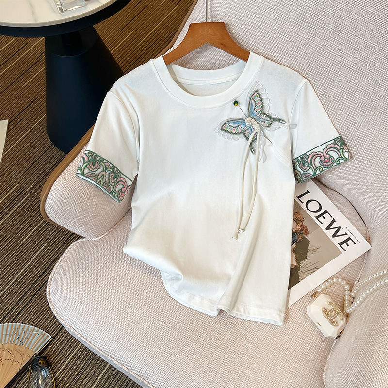 新中式白色短袖T恤2024夏季纯棉好质量蝴蝶刺绣禅意上衣