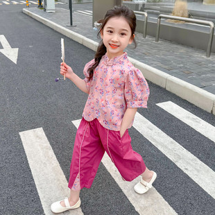 女童新中式国风套装2024夏装新款儿童短袖民国风旗袍阔腿裤两件套