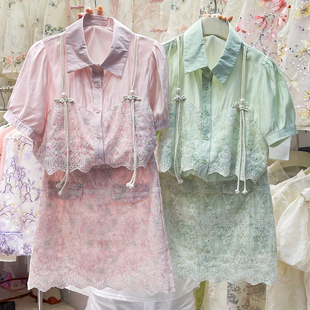 夏季法式设计感假两件天丝衬衫+防走光半身裙时尚气质两件套装女