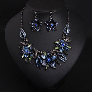 欧美高端 精致蓝色花朵项链耳环套装短锁骨女晚宴夸张时尚配饰品