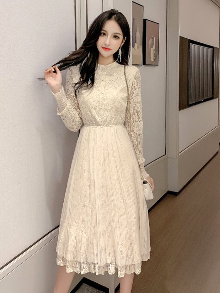 egg裙法式初恋很仙的桔梗裙女秋装ins洋气镂空翻领系带收腰连衣裙