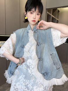 RR fashion 牛仔马甲女2024夏季新款国风盘扣立领网纱拼接外套