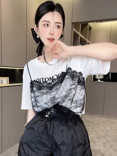 RR fashion 短袖T恤女2024夏季新款法式蕾丝吊带拼接假两件上衣