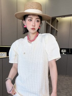 RR fashion 短袖连衣裙女2024夏季新款法式褶皱灯笼袖圆领裙子