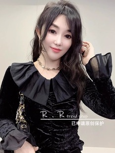 网纱拼接荷叶袖娃娃领皱褶丝绒上衣长袖打底衫T恤女2024夏季新款