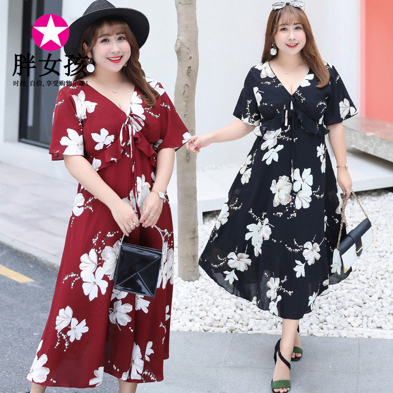 胖女孩2021夏季加大号码女装雪纺连衣裙甜美优雅女裙韩版胖人服饰