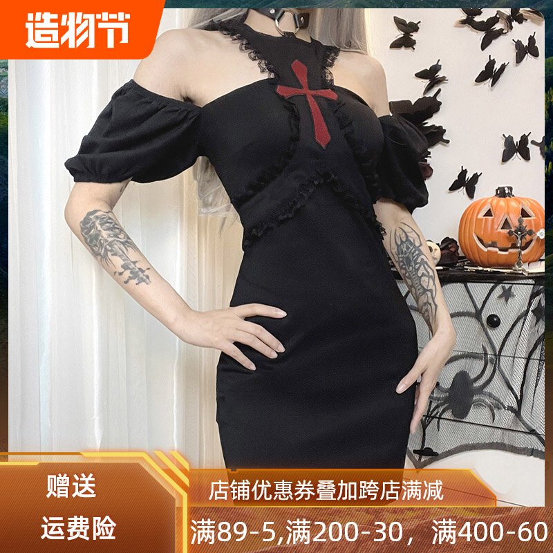 亚文化十字架修女黑色连衣裙女夏季蕾丝拼接修身镂空露肩辣妹裙子|ruв категории Женская одежда, платье - от Buy2taobao.com для оказания профессиональной услуги покупки агента Taobao