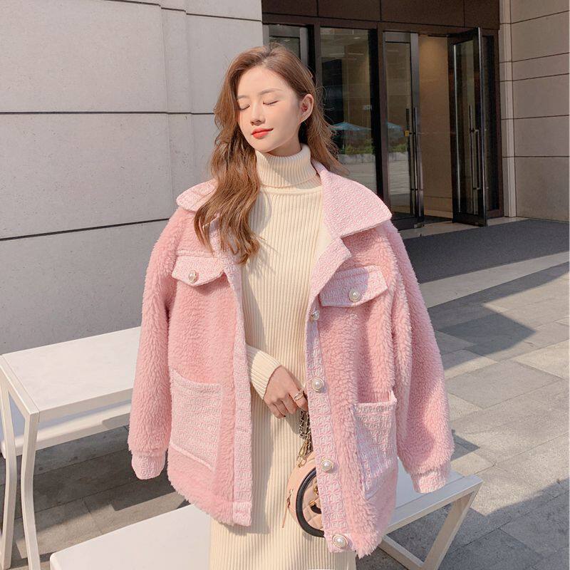 皮女大衣粉色外套毛呢