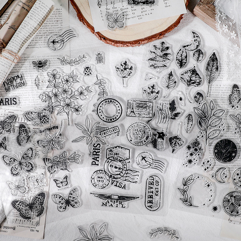 小鱼家 复古派系列透明硅胶印章文艺复古植物花朵花边框手帐印画