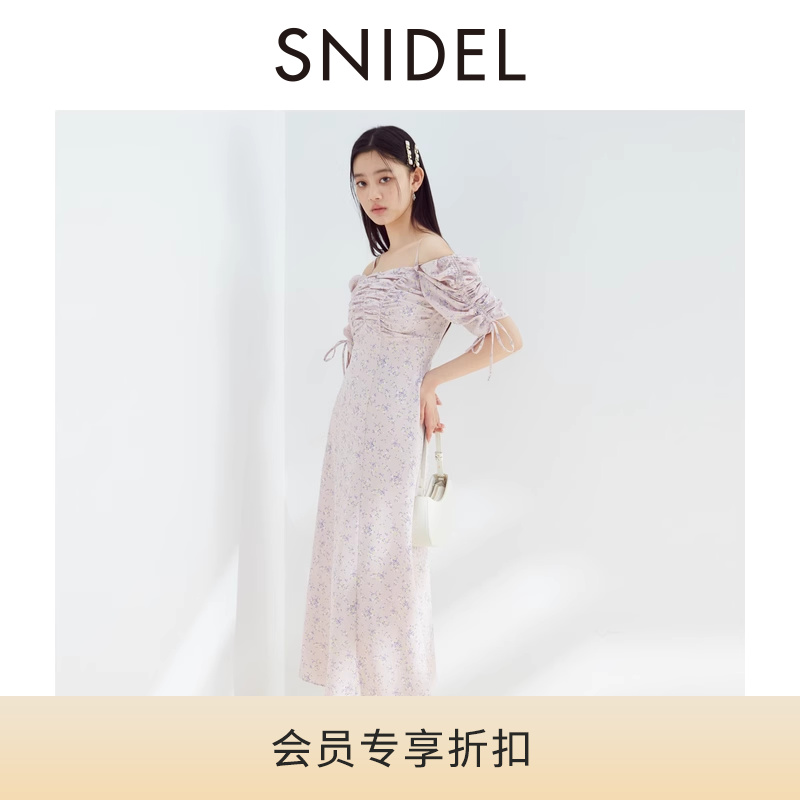 SNIDEL2024春夏新品甜美吊带一字肩收腰印花茶歇连衣裙SWFO242033