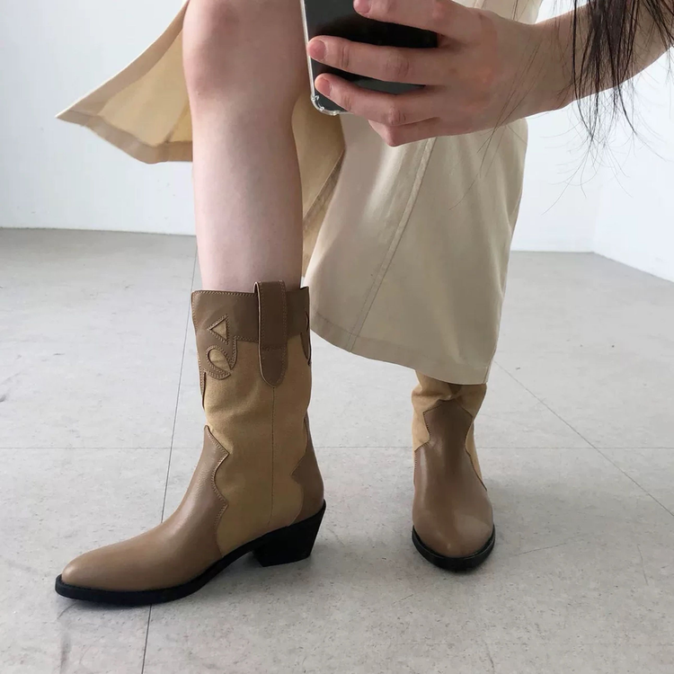 韩国东大门靴子女复古百搭拼接粗跟短靴尖头西部牛仔靴中筒单靴夏