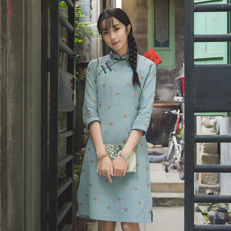 文艺复古棉麻盘扣连衣裙民国风女装修身中式旗袍改良春夏小碎花裙