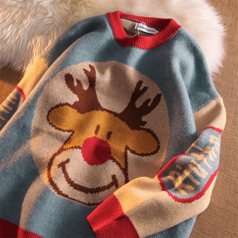 airhood眼高手低 潮牌圣诞小鹿拼色圆领毛依男宽松情侣套头针织杉