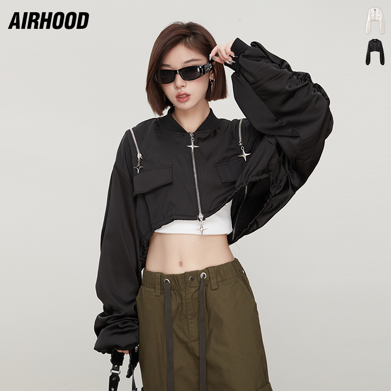 AIRHOOD 设计感拉链开衫漏肩防晒衫小香风宽松短款罩衫薄外套女春