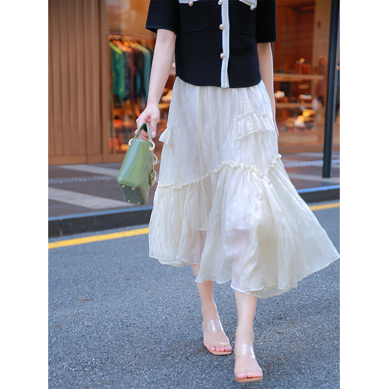 玉米高端轻奢 仙气泡泡纱 设计感木耳边收褶显瘦夏季白色半身裙L