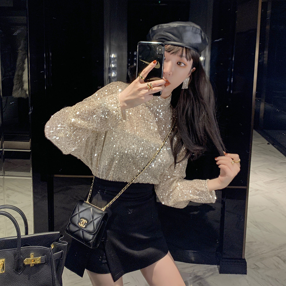 alice w花花家闪闪亮片长袖打底t恤女2020春季新款网纱半高领上衣