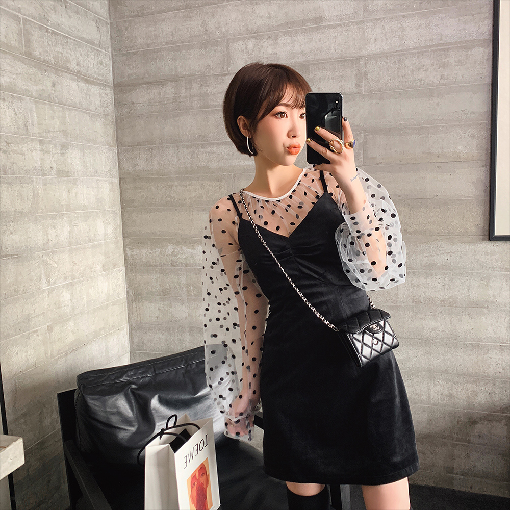 alice w花花家黑色丝绒吊带裙 波点网纱打底衫女内搭长袖两件套_5折