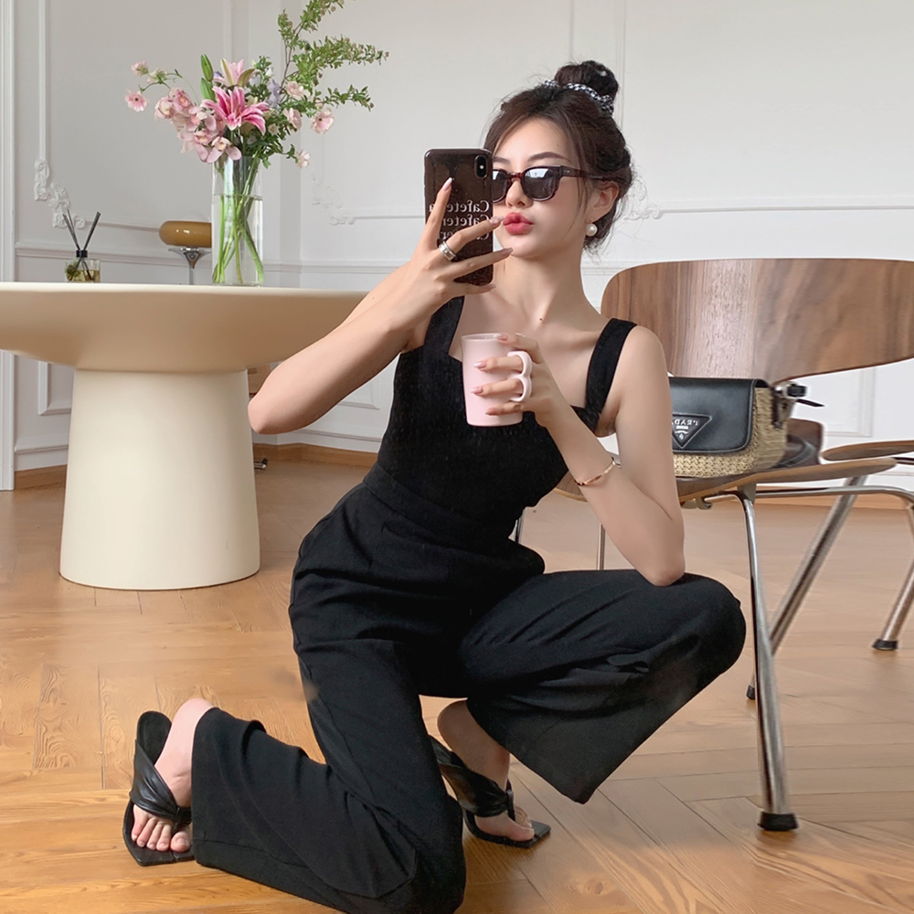 alice w花花家高腰吊带连体裤女夏收腰背带裤直筒阔腿拖地裤长裤