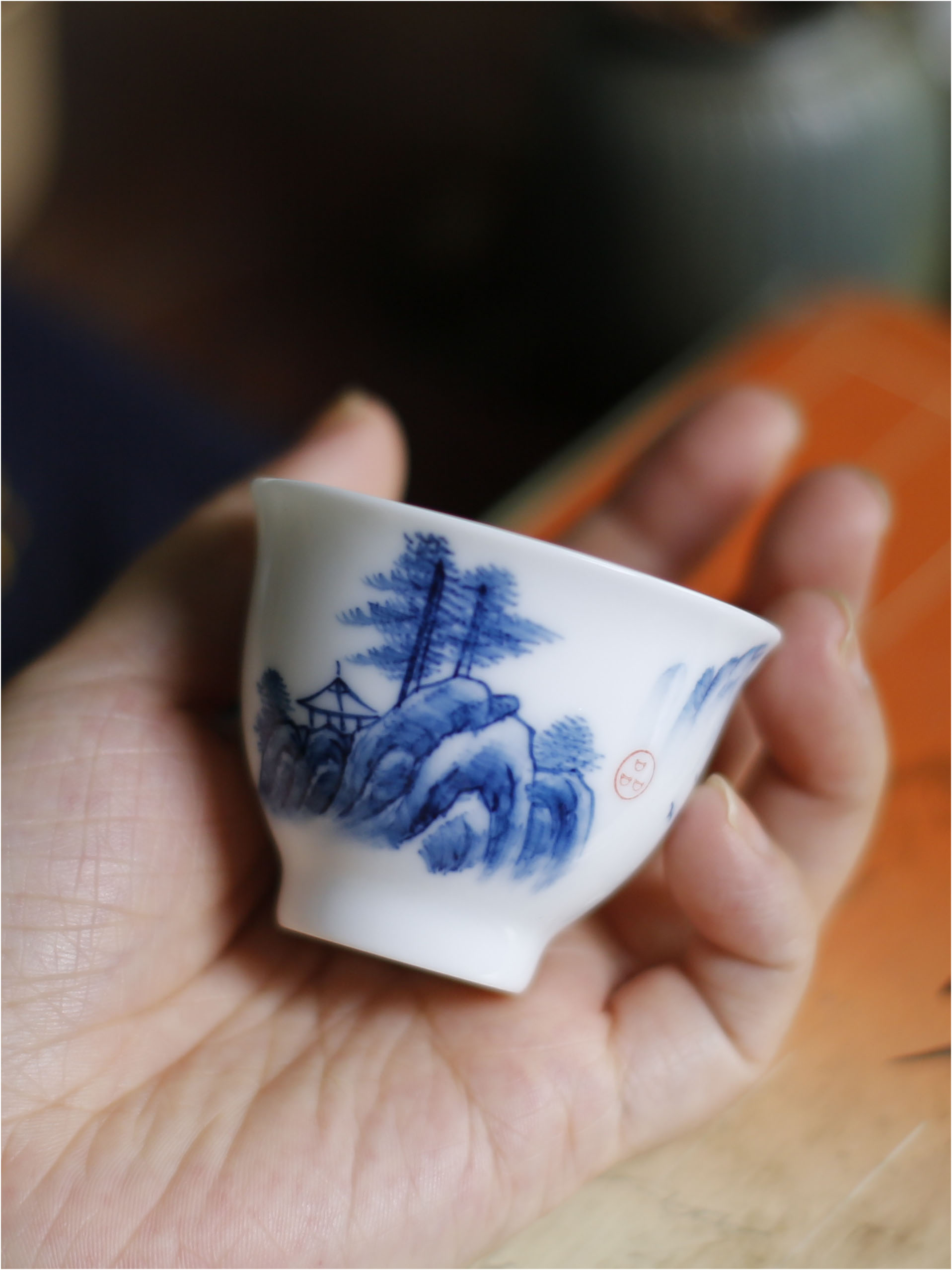 韩祠茗品｜纯手工釉下彩功夫茶杯山水青花瓷闻香杯普洱茶盏个人杯