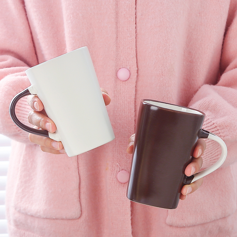 个性简约亚光磨砂方口马克杯陶瓷杯子牛奶杯创意情侣杯茶水杯赠勺