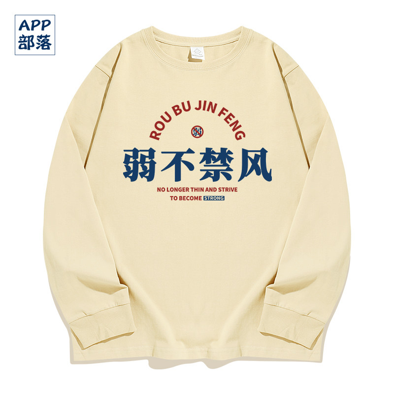 国潮复古怀旧中文汉字弱不禁风长袖t恤衫文弱书生宽松印花上衣服