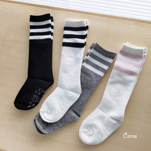 CARAS韩国儿童中筒袜及膝不掉筒运动学院风条纹宝宝白色袜子