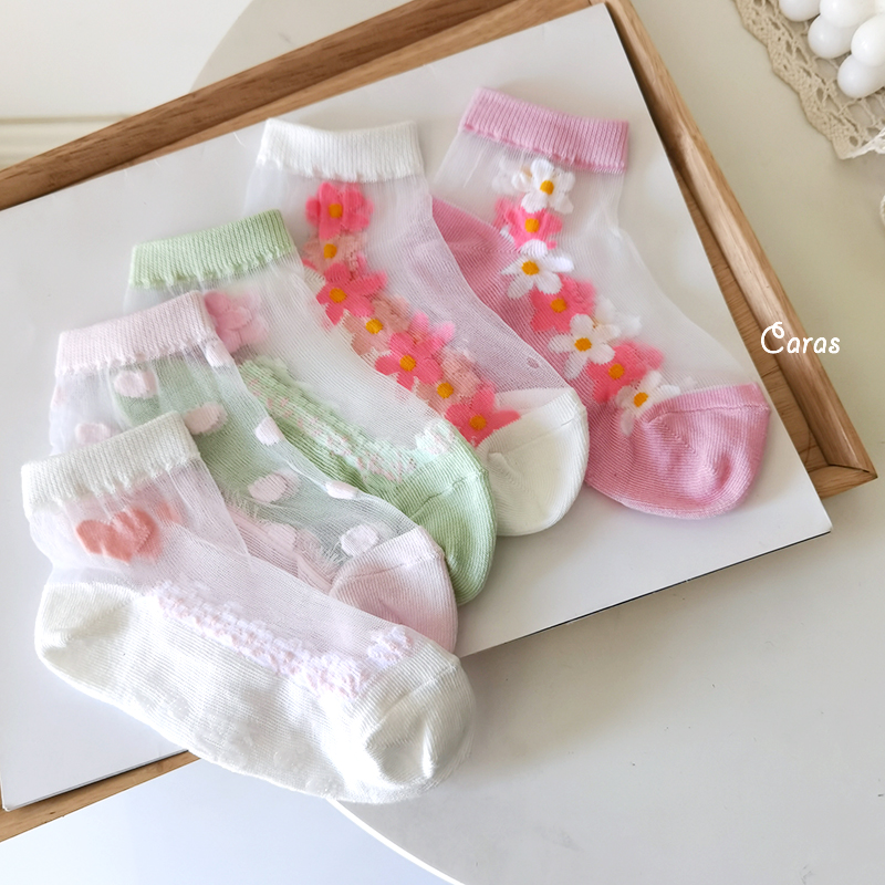 caras韩国女童玻璃丝袜子透明夏季薄款儿童网纱宝宝透气公主短袜