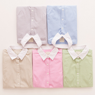 气质小白领职业OL撞色修身衬衣POLO女夏季薄款纯棉短袖蓝条纹衬衫